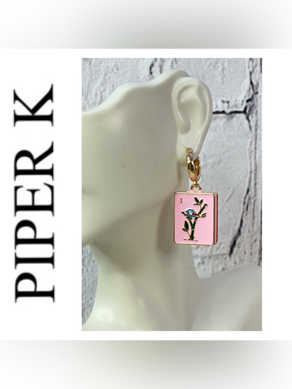 🌟🌟 PIPERK Gold-Tone Pink Enamel Mahjong Bird Drop Earrings